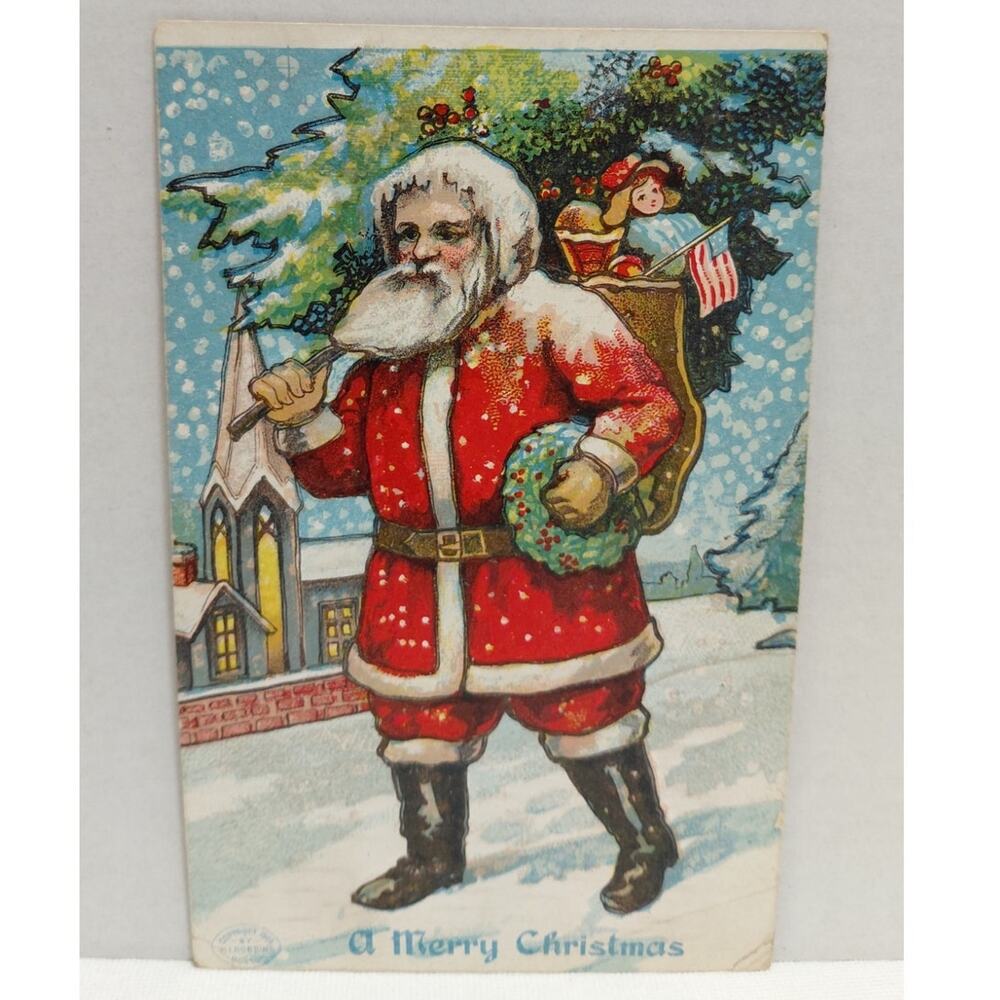 Antique Christmas Postcard Santa Claus by H.I Robbins Embossed Posted Divided